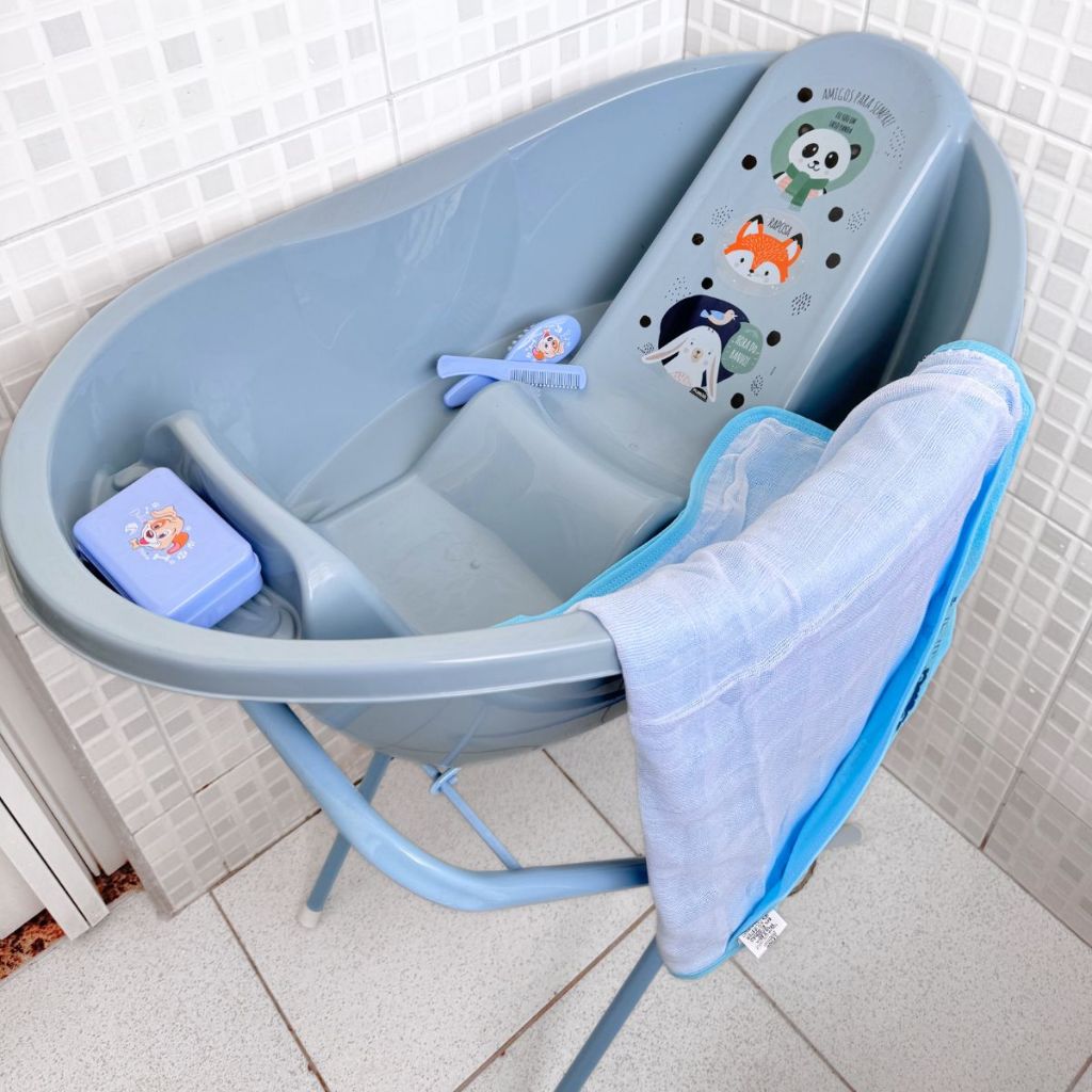 Conjunto Banho Do Bebê Banheira Suporte Para Banheira,Toalha Felpuda Dupla Com Touca, Pent...