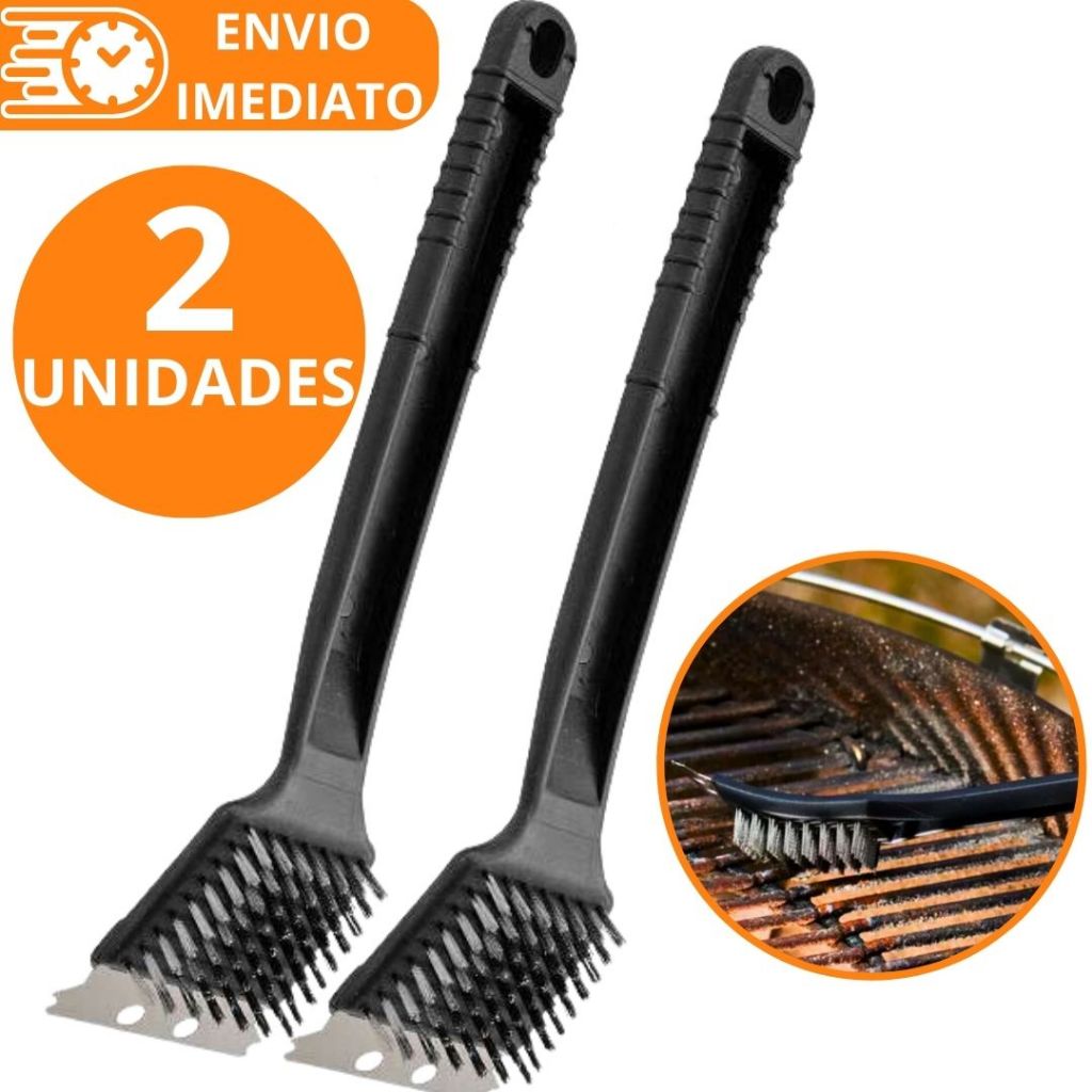 KIT 2 Escova para Grelha 35x7cm Grande Cerdas em Aço Limpa Grelha de Churrasqueira Com Raspador Multiuso Universal para Casa Churrasqueira