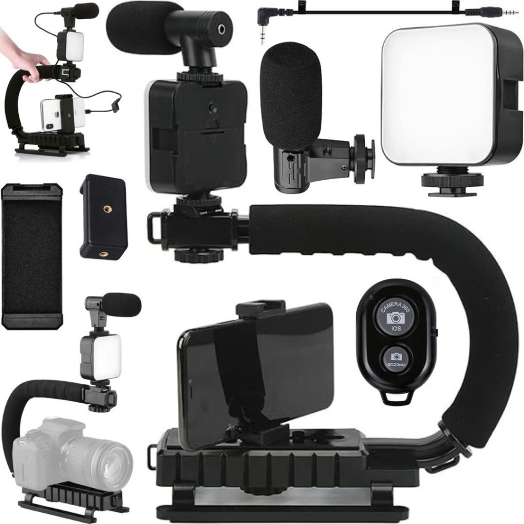 Suporte Estabilizador Video Camera Celular iPhone Com Luz Led Microfone Acessórios Steadicam