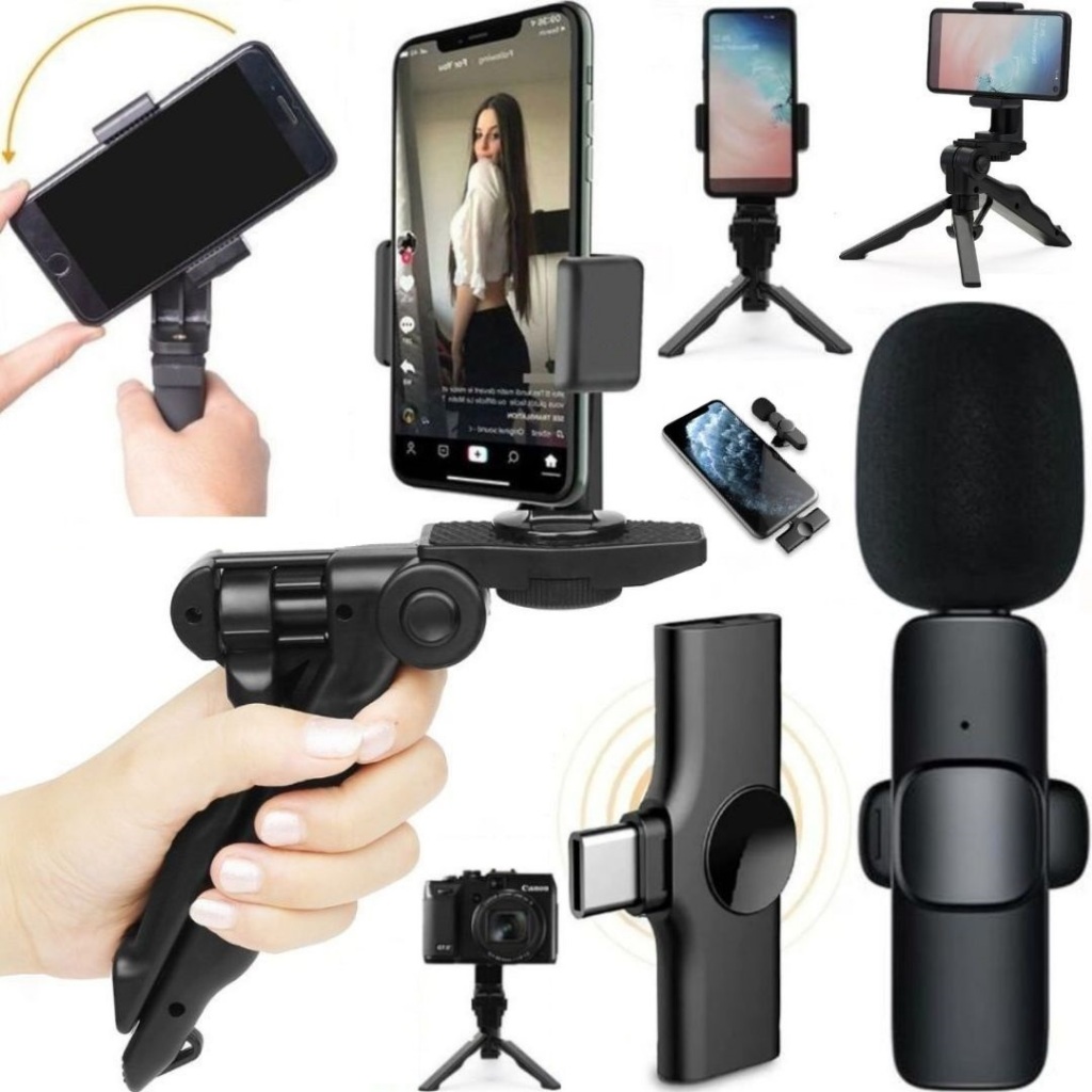 Kit Tripé 2 Em 1 Steadicam Suporte Mão Para Celular Microfone Sem Fio Tipo-C Android