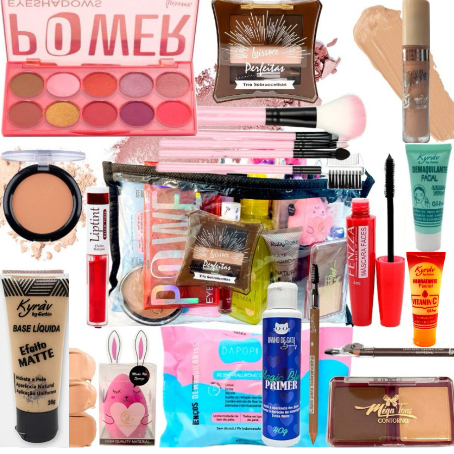 Kit de Maquiagem Profissional Completo 18 itens com Pincel, Sombra, Necessaire e Base