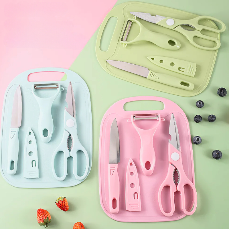 Faca, Tesoura, Descascador e Tábua, Utensílios de Cozinha e culinária 5 Peças, Inox Kit de Cozinha