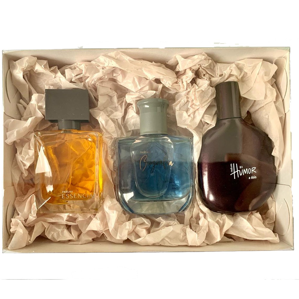 Kit Presente Caixa de Acetato Natal Dia dos Namorados Pais Com 3 Perfumes Colônias Essencial Tradicional Biografia Clássico Natura e  Humor a Dois Masculino Miniatura 25ml Original Natura para Homem