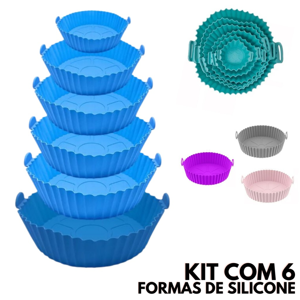 Kit 6 Formas Airfryer Tamanhos Variados Silicone Antiaderente Microondas Lavável com Alça
