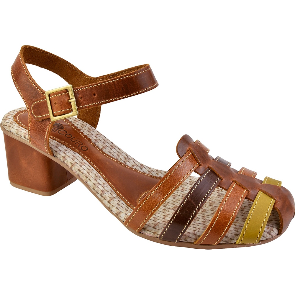 Sandália Feminina Artesanal Couro Salto Alto Bloco Quadrado Tiras Caramelo Castor Nude Marrom Marinho e Vermelho