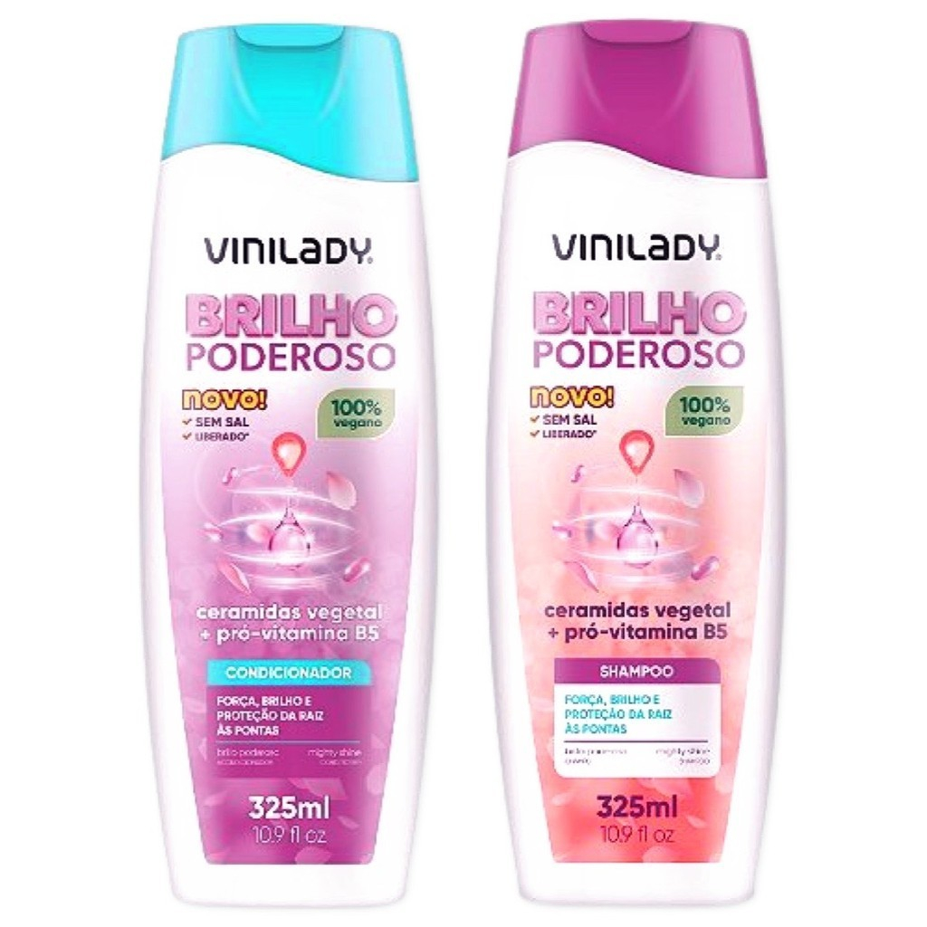 Kit Shampoo E Condicionador Brilho Poderoso Pare o Cabelo 325ml Cada 100% Vegano Vini Lady