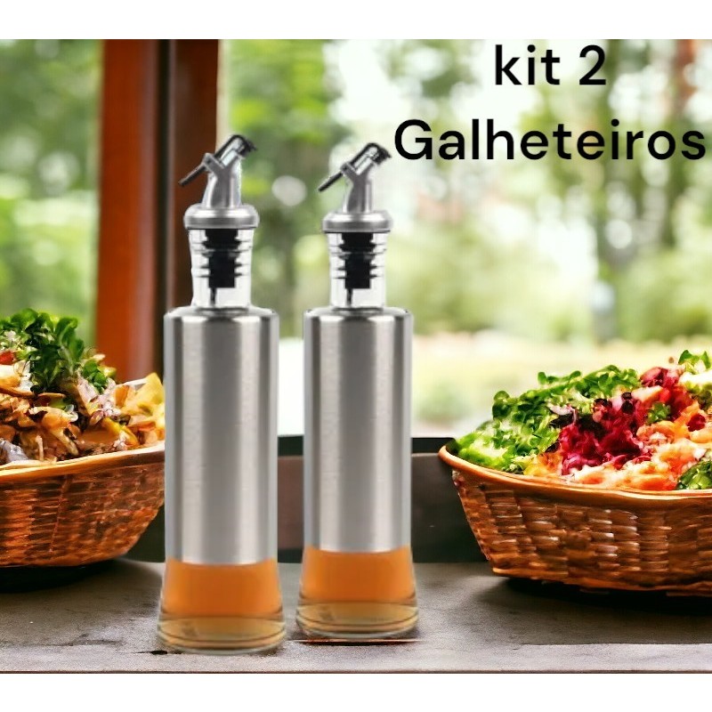 KIT DOIS GALHETEIROS Azeite Vinagre 300 Ml Vidro Aço Inox Dosador sofisticado mesa posta