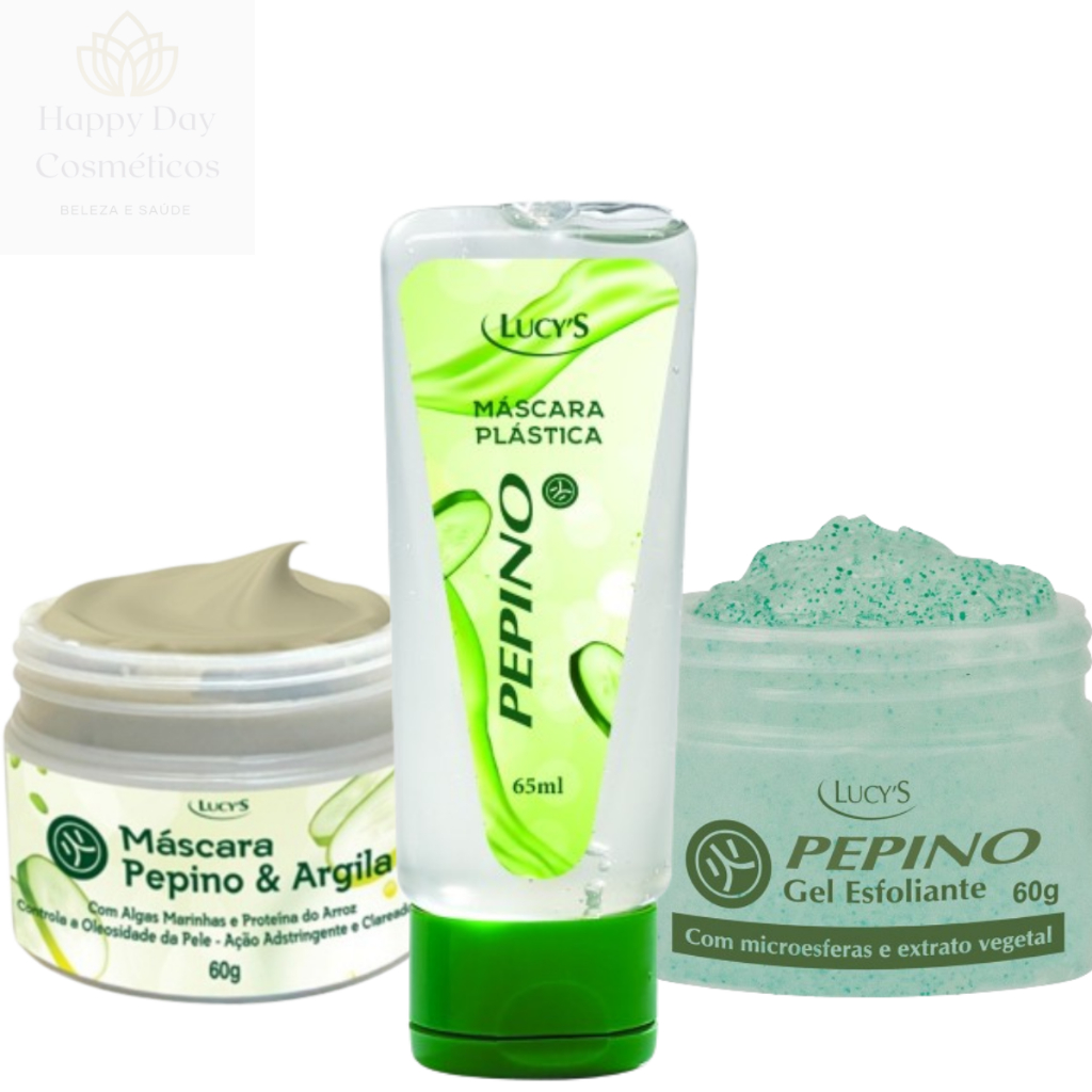 Kit Mascara Facial, Mascara Plastica e Gel Esfoliante Pepino - Clareador e Controla Oleosidade