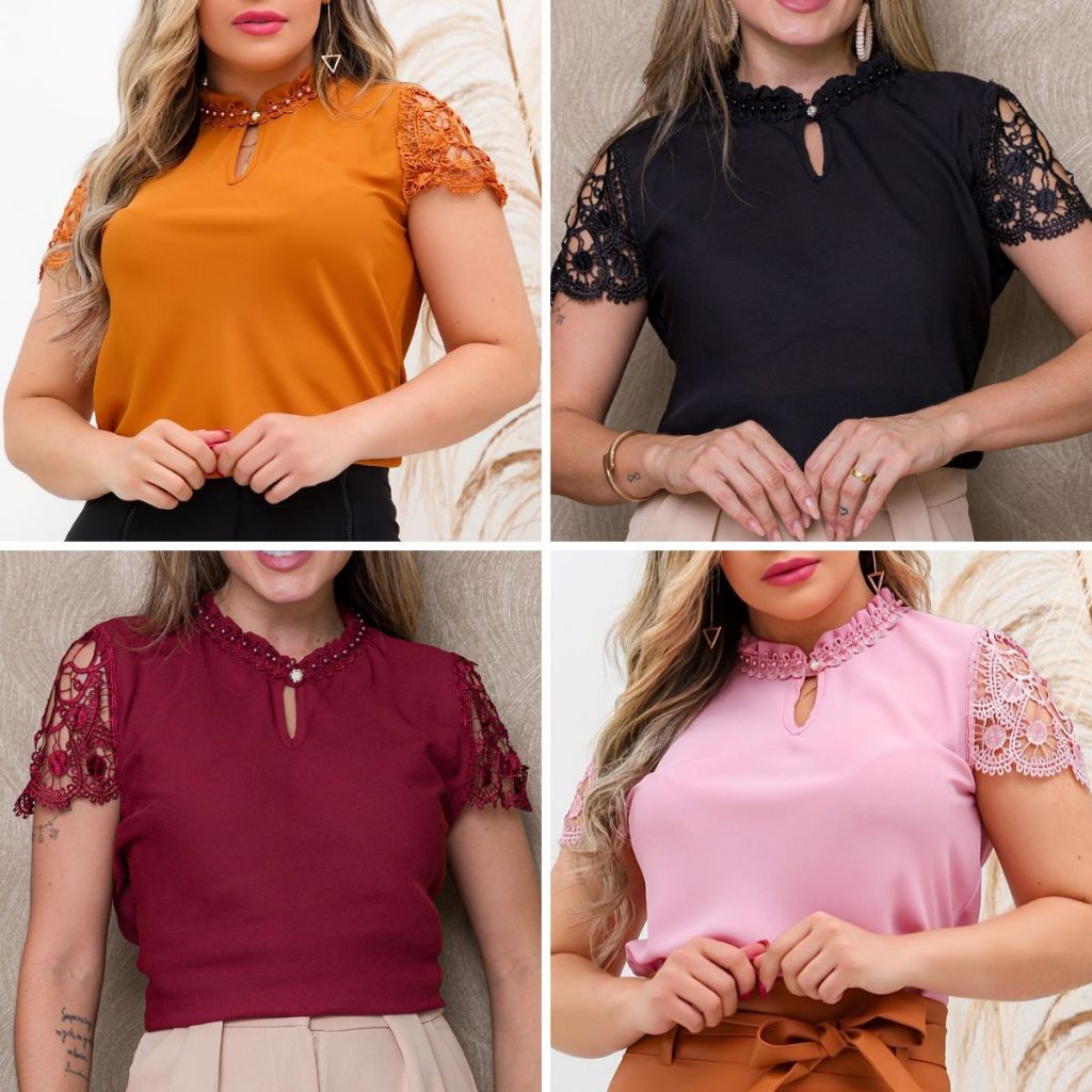 Blusa Social Evangélica Feminina Guipir Renda Com Gola Pérolas