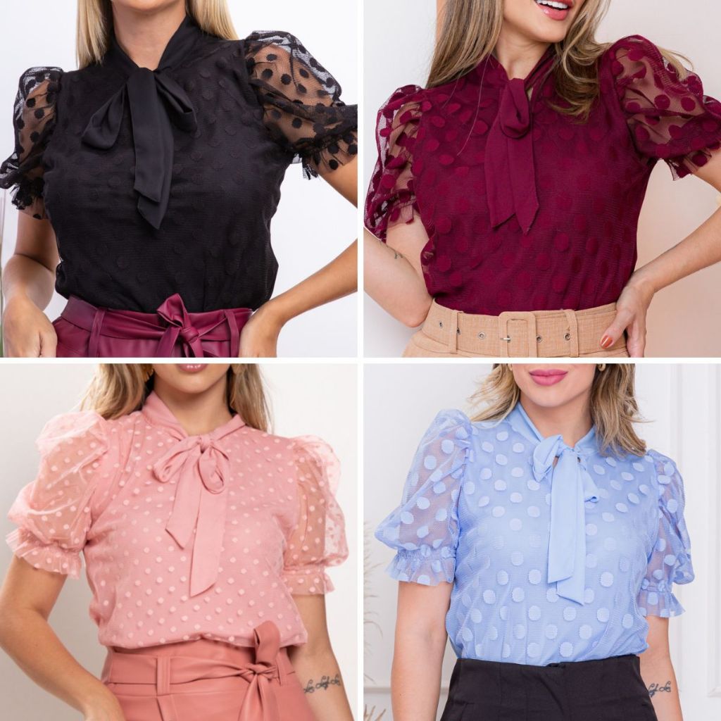 Blusa Evangélica Social Feminina Manga Princesa Tule Poa Com Gola Laço