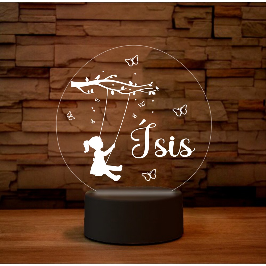 Luminária Menina no balanço, Jardim encantado Abajur LED Personalizada - Luminosos em Acrílico cristal - Tema Porta Maternidade - Decoração