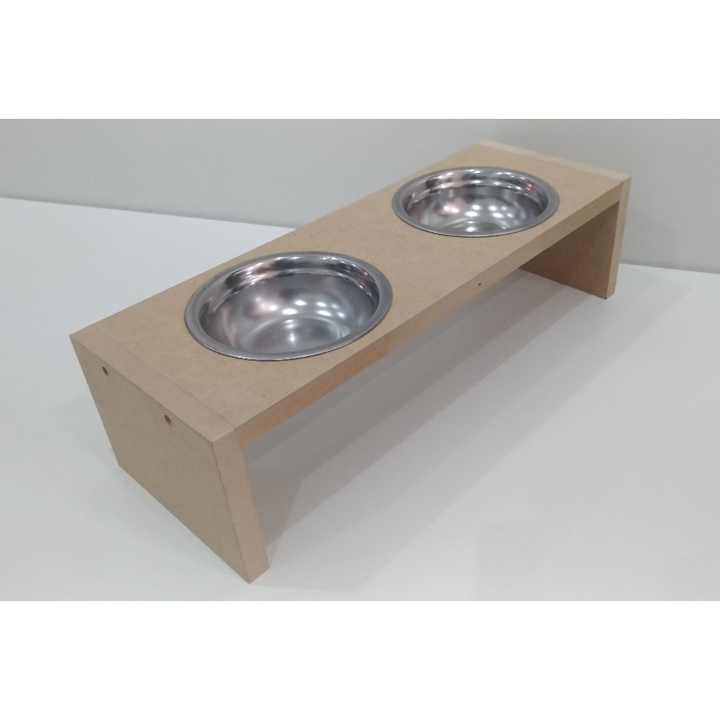 Comedouro duplo feito em MDF Cru e tigela em aluminio