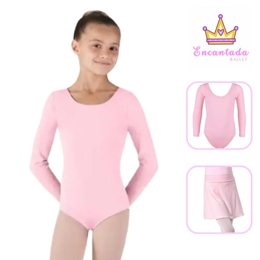 Kit Ballet Infantil  / Juvenil com Collant Manga longa + Saia Cós ROSA - Envio Imediato Balé Dança