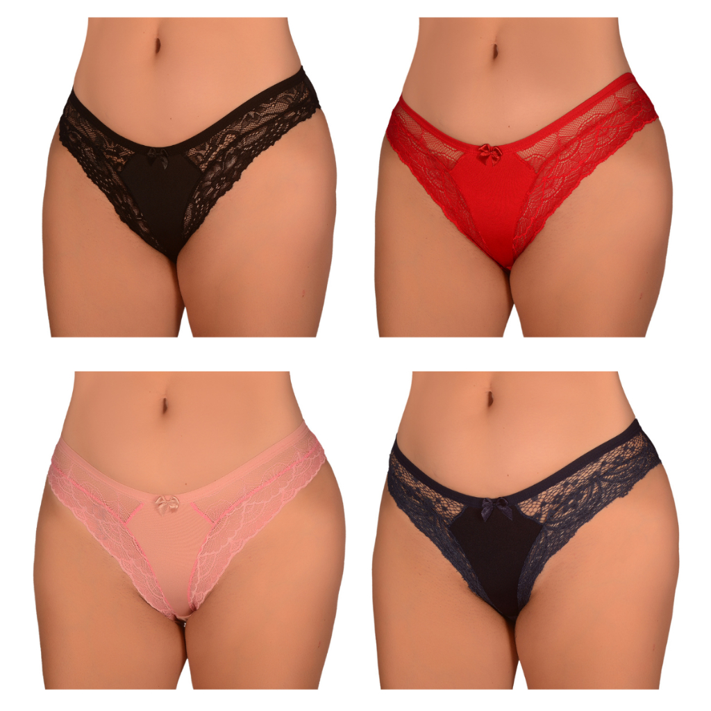 Kit 4 Calcinhas PLUS SIZE de Microfibra com Renda Confortável Sensual Feminina - Lingerie Roupa Íntima Sexy Tanga Adulto Rendado Feminino Moda Rendada Tamanhos Grandes Forro 100% Algodão Langerie Sex