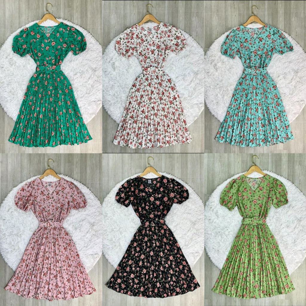 Vestido Plissada Midi Estampado Floral Rodado Moda Evangelic Com Cinto -0226 em Oferta na Shopee