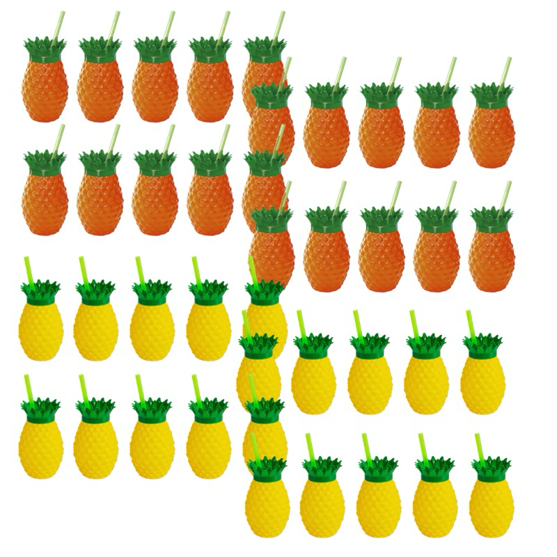 40 Copos Abacaxi Laranja E Amarelo Com Canudo Festa Tropical 300 ml Injetemp