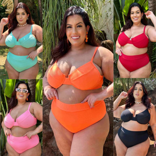 Biquini Plus Size Meia Taça Sustentação Com Bojo Calcinha Hot Pants Cintura Alta Para Gordinhas Praia Piscina em Oferta na Shopee