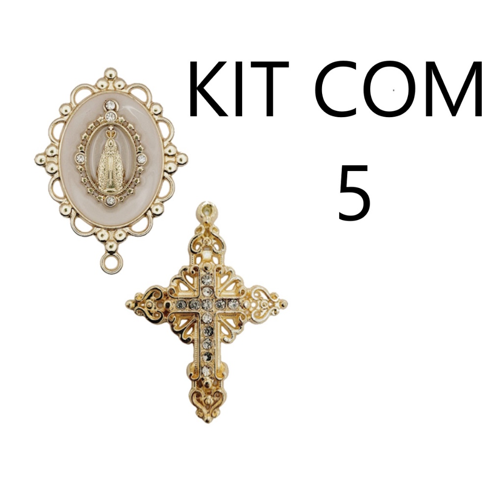 kit com 5 Entremeios Nossa Senhora Aparecida dourados resinados e 5 crucifixos para terço de noiva