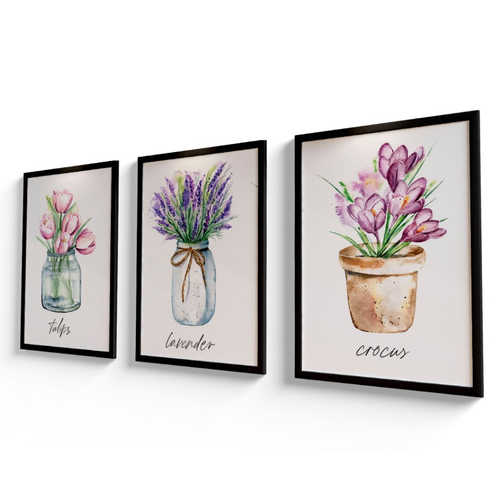 Kit 3 Quadros 23x33cm Vaso Flor Tulipa Lavanda Crocus Jardinagem Sala Quarto