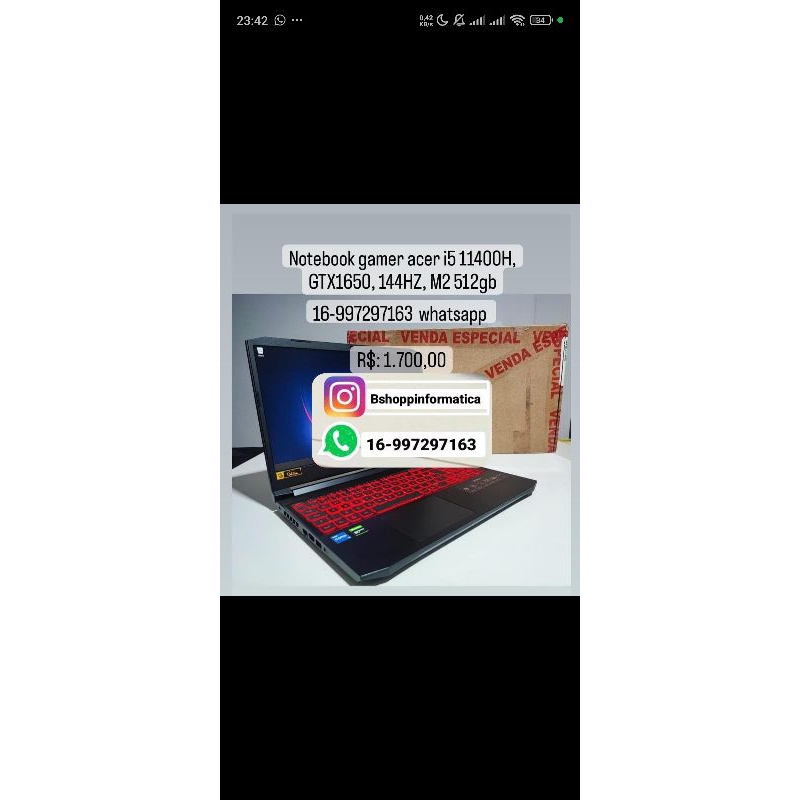 Notebook Gamer Acer i5 11th 11400H (decima primeira geração), placa de video dedicada GEFORCE NVIDIA GTX 1650 4GB, tela 15.6" de 144hz, M.2 512GB, 12GB ram, teclado retro iluminado!