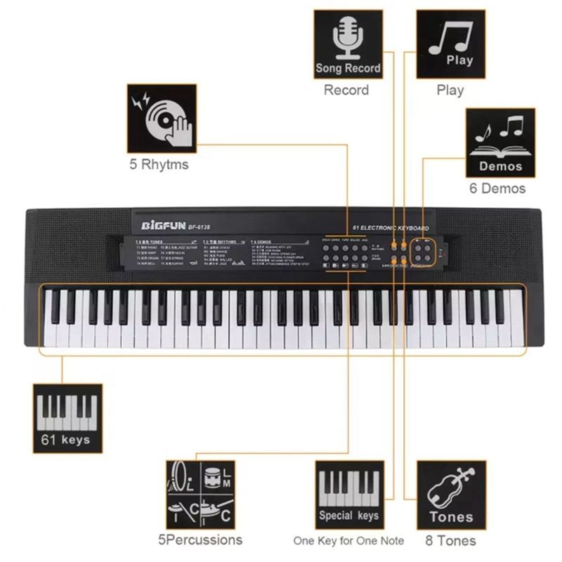 Teclado Musical Eletrônico Musica Bigfun Bf-6138 Teclas Microfone Completo