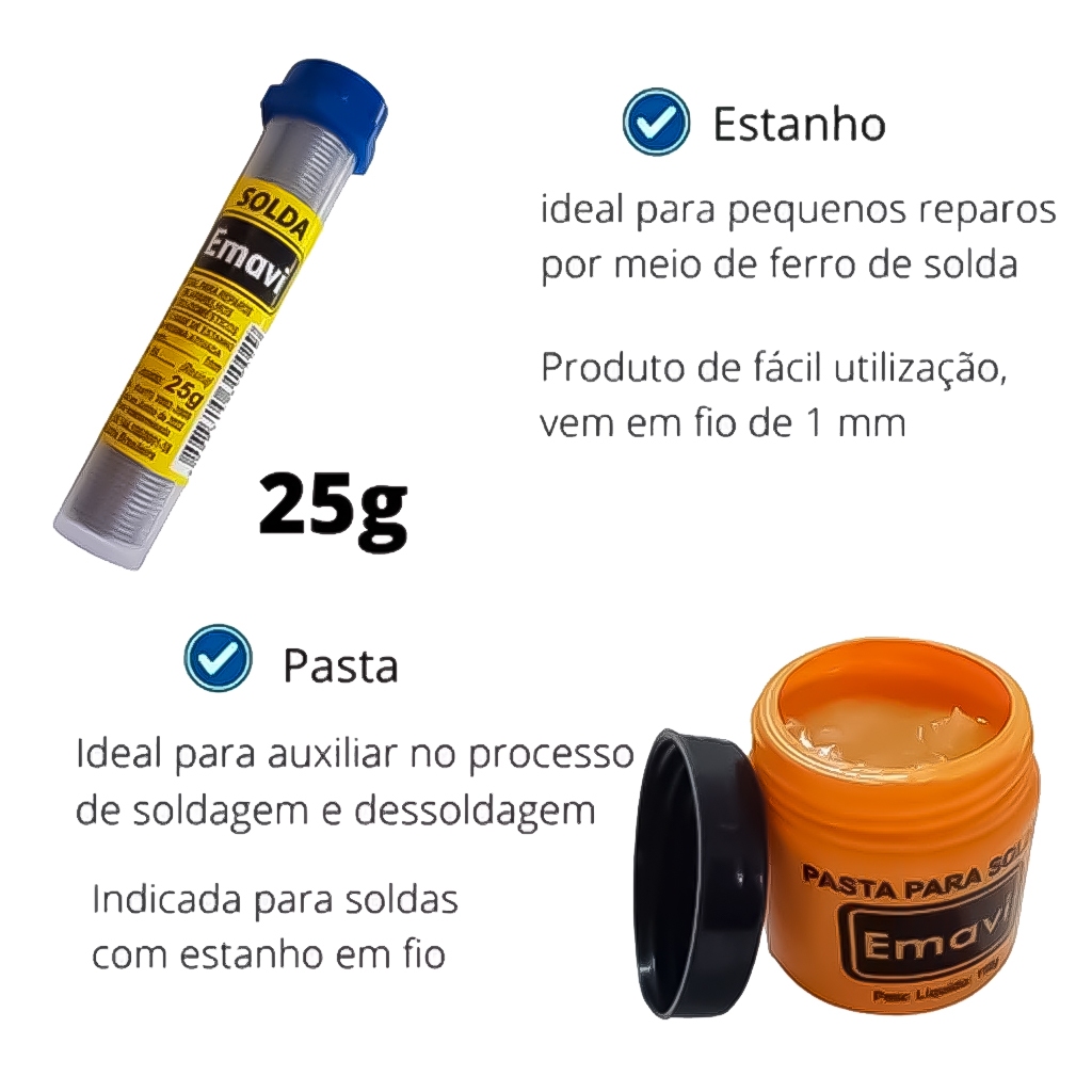 Detalhes do Kit Para Soldagem Com Estanho 25g + Pasta 110g + Sugador De Solda Reparos Uso Geral Profissional