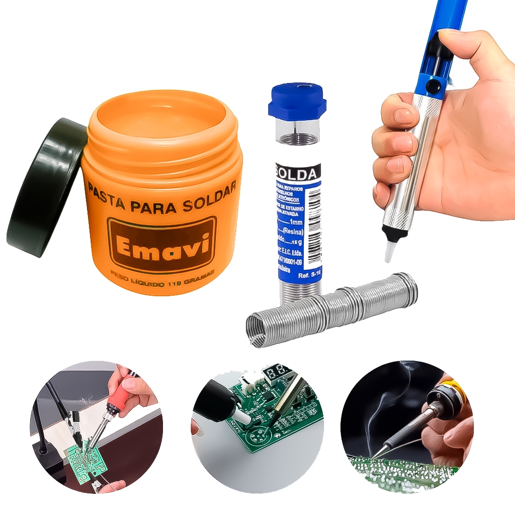 Kit Para Soldagem Com Estanho 25g + Pasta 110g + Sugador De Solda Reparos Uso Geral Profissional - Home & Living