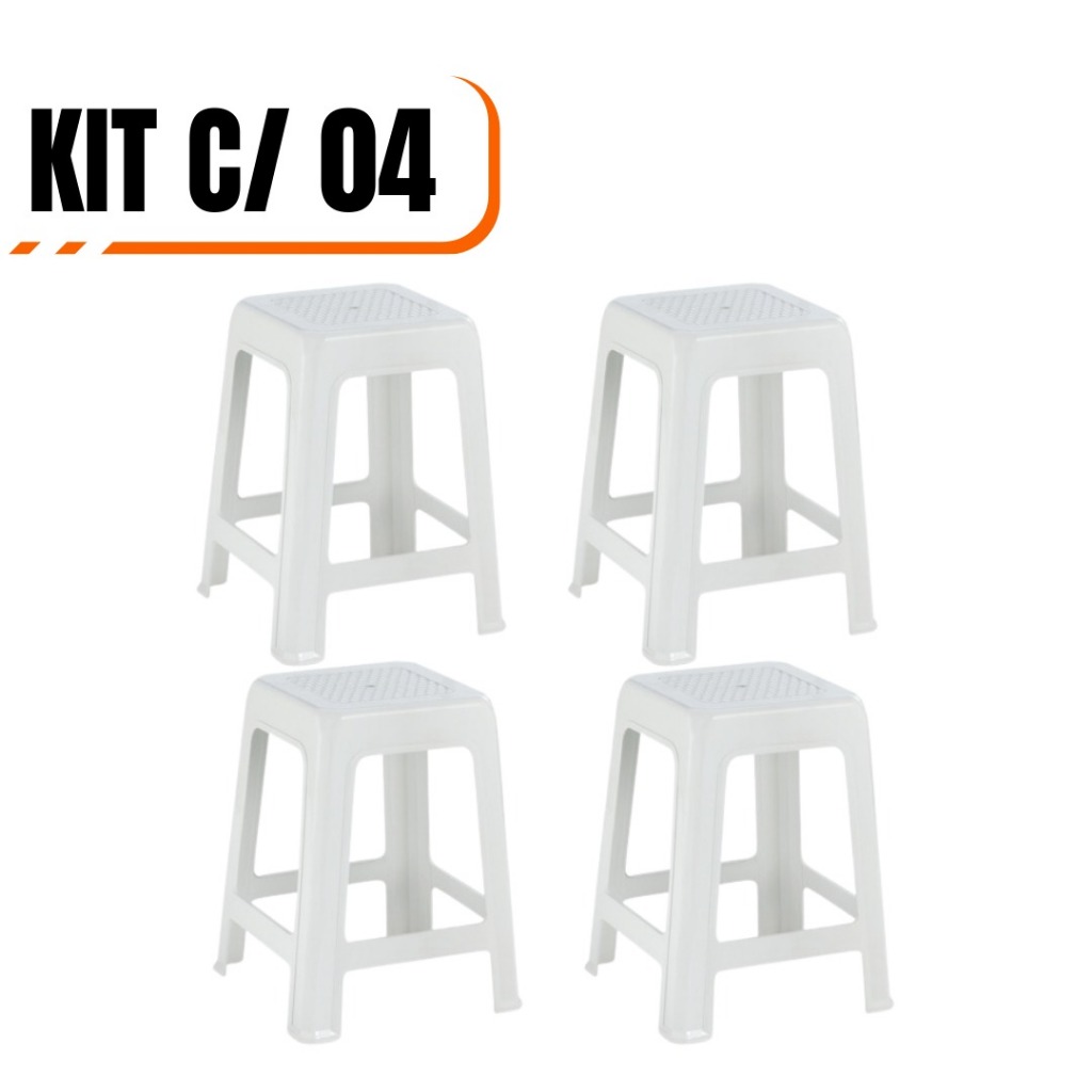 Kit Com 4 Banqueta Plástico Banco Resistente Suporta Até 120Kg Branca /Preta
