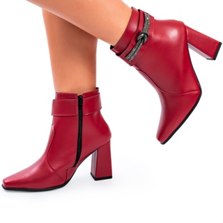 Bota Feminina Lumiss Cano Curto Salto Alto Grosso Strass Bico Fino Confortável Vermelho Marsala em Oferta na Shopee