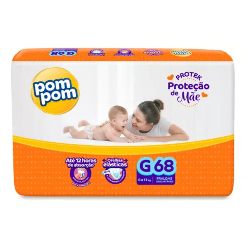 Fralda Pom Pom Derma Protek Tamanho G - Pacote Hiper 68 Unidades