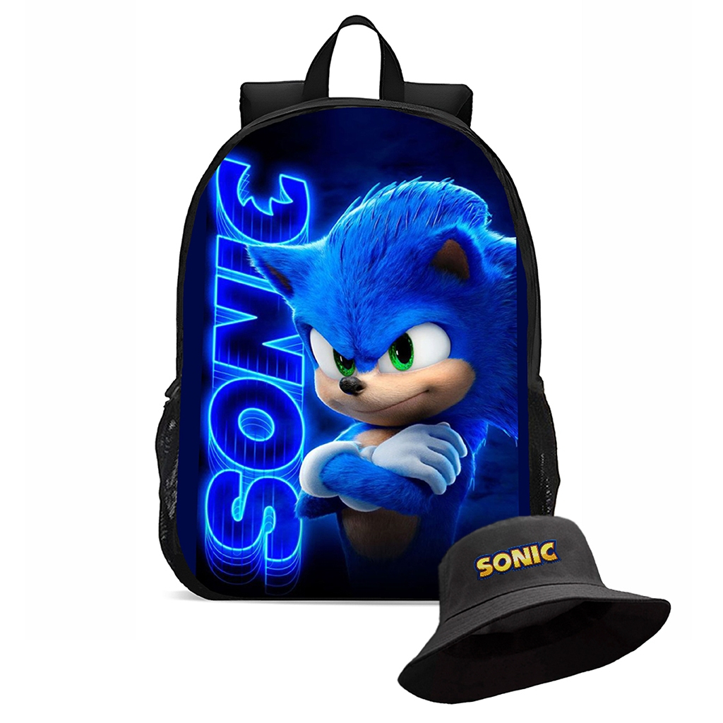 Mochila Escolar Infantil e chapéu boné bucket sonic ouriço azul desenho novidades