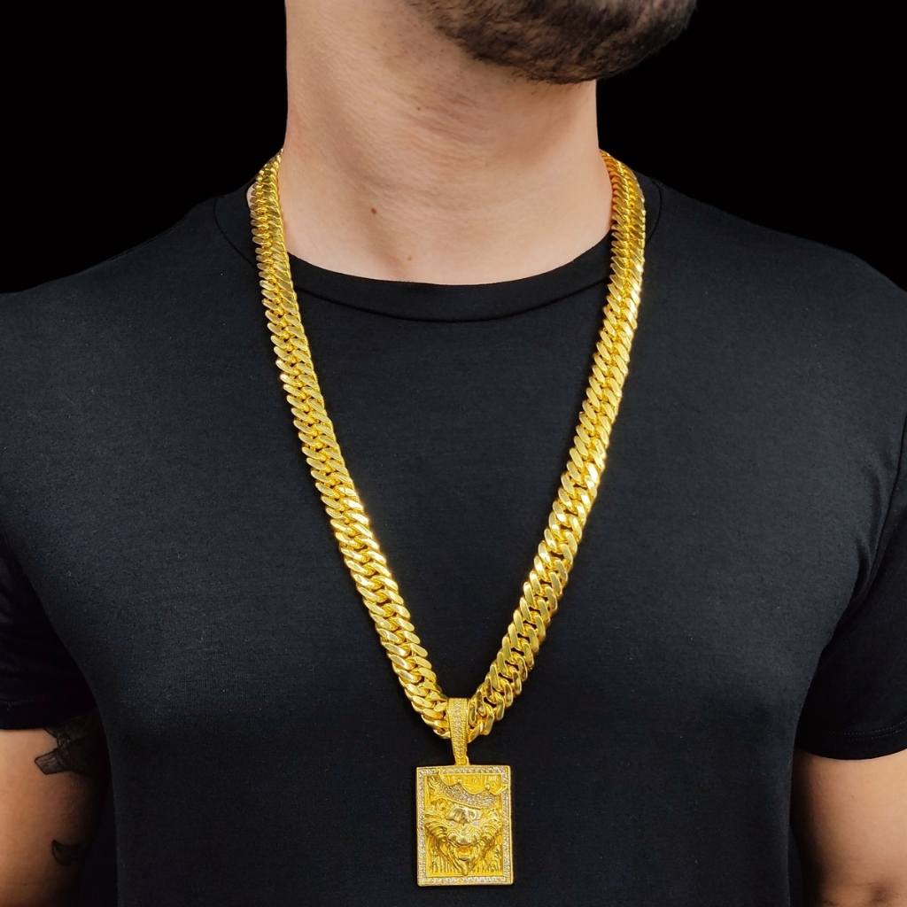 Corrente Cordão 100% Moeda Antiga Masculino Elos Duplos 13mm Lacraia + Pingente Leão Cravejado Zircônias