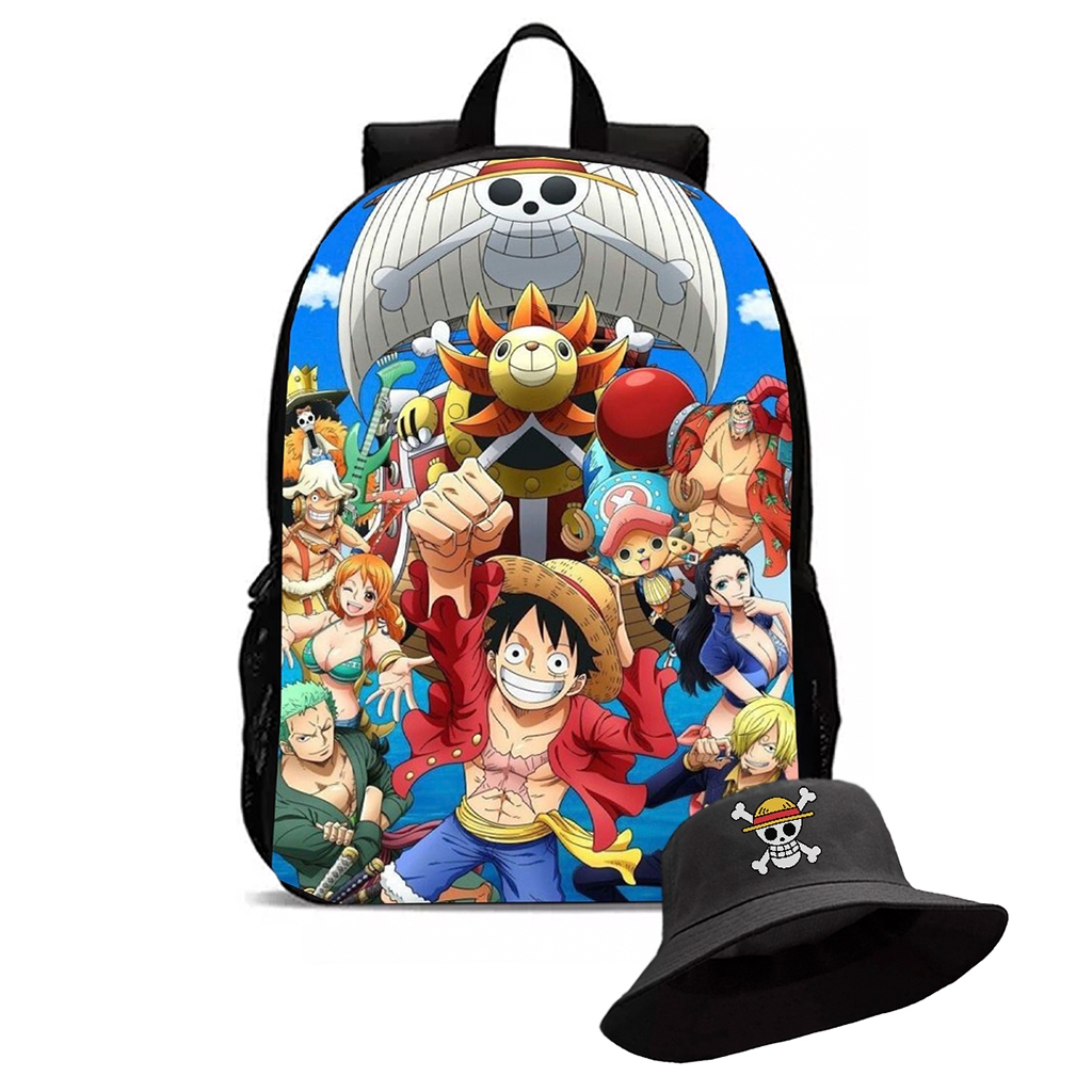Mochila Escolar Infantil e chapéu boné bucket Luffy Pirata