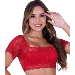 Kit com 2 Cropped Feminino de Renda de Luxo com Manga Ciganinha Sutiã Sem Bojo Lingerie Feminina