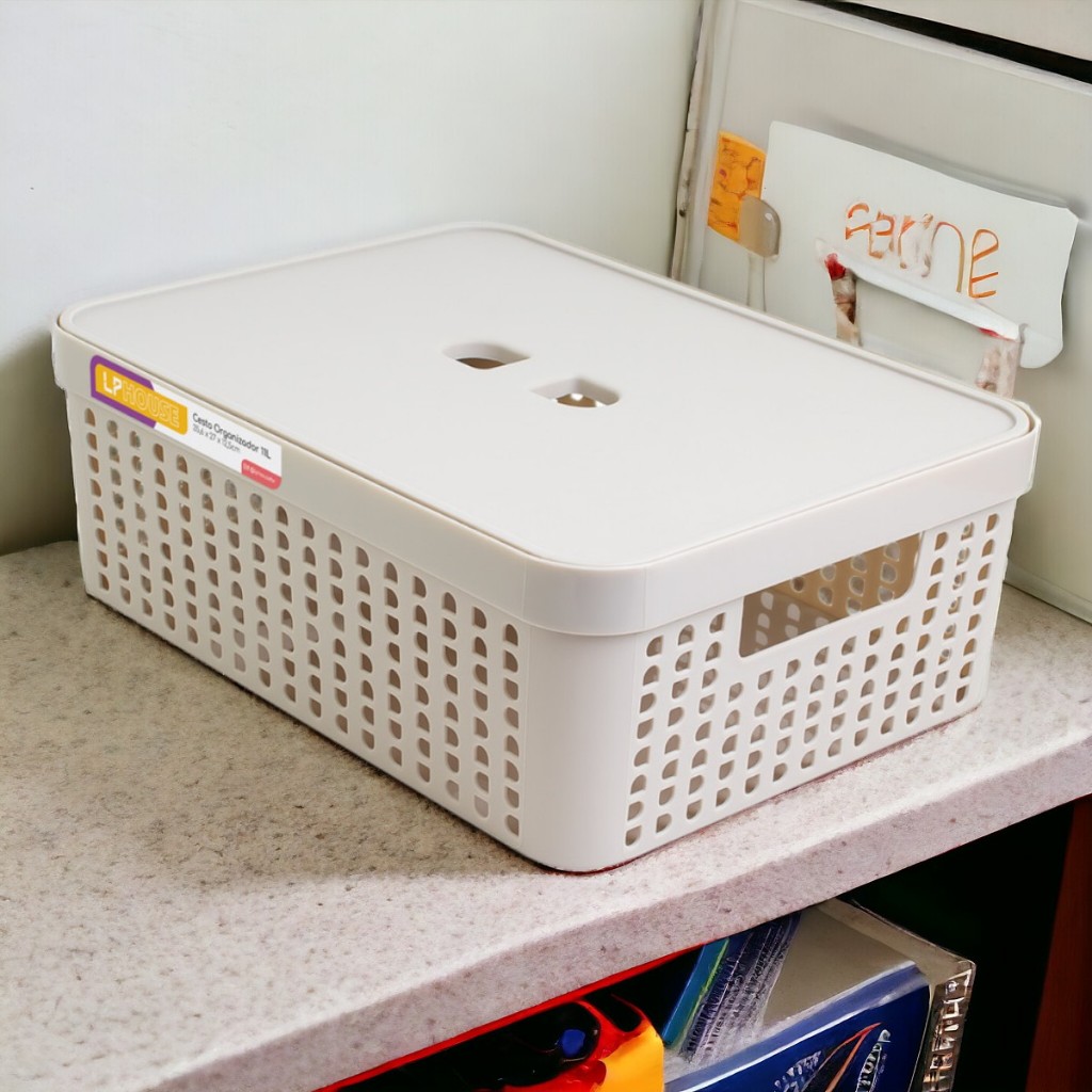 Caixa Organizadora Rattan Com Tampa 11,5 Litros Organizador de Gaveta Cesto Casa Cozinha Armário