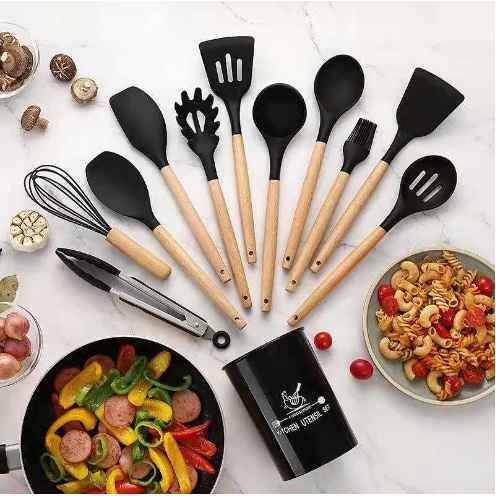 Kit 12 Peças Utensílios de Cozinha em Silicone e Bambu – Resistentes ao Calor com Cabo de Madeira