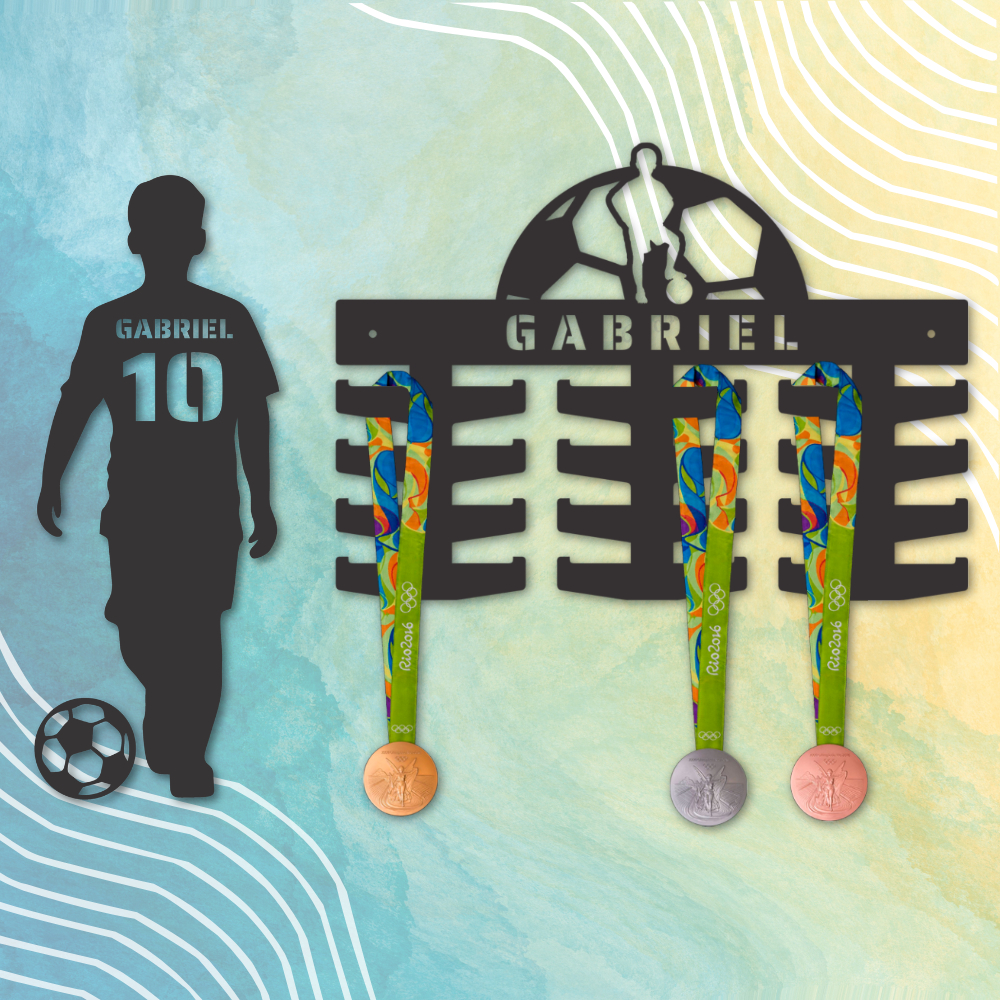 Kit Porta Medalhas Futebol + Quadro Futebol, Nome Personalizado MDF Decoração para Quarto