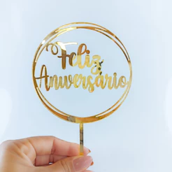 kit com 2 ,4 ou 6 Topos em acrílico espelhado Feliz Aniversário.