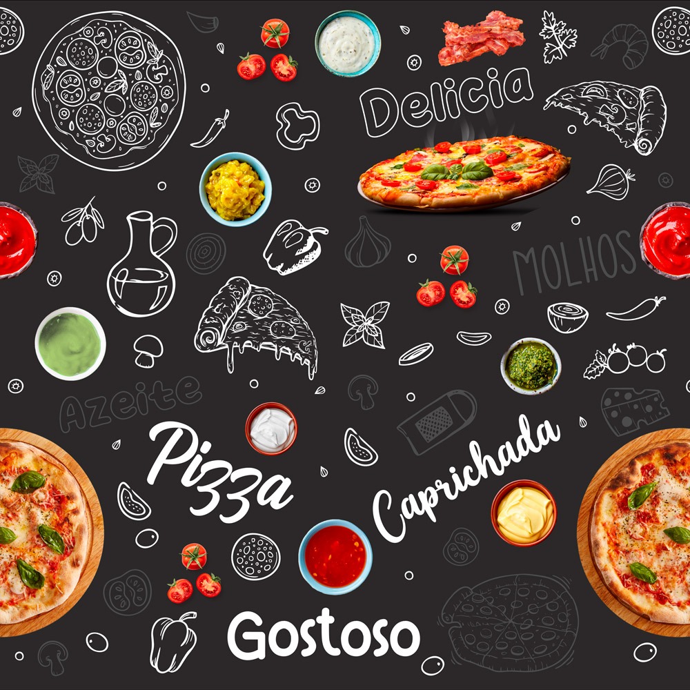 Papel de Parede Pizzaria Pizza Decoração Adesivo Massa Italiana Preto Horizontal