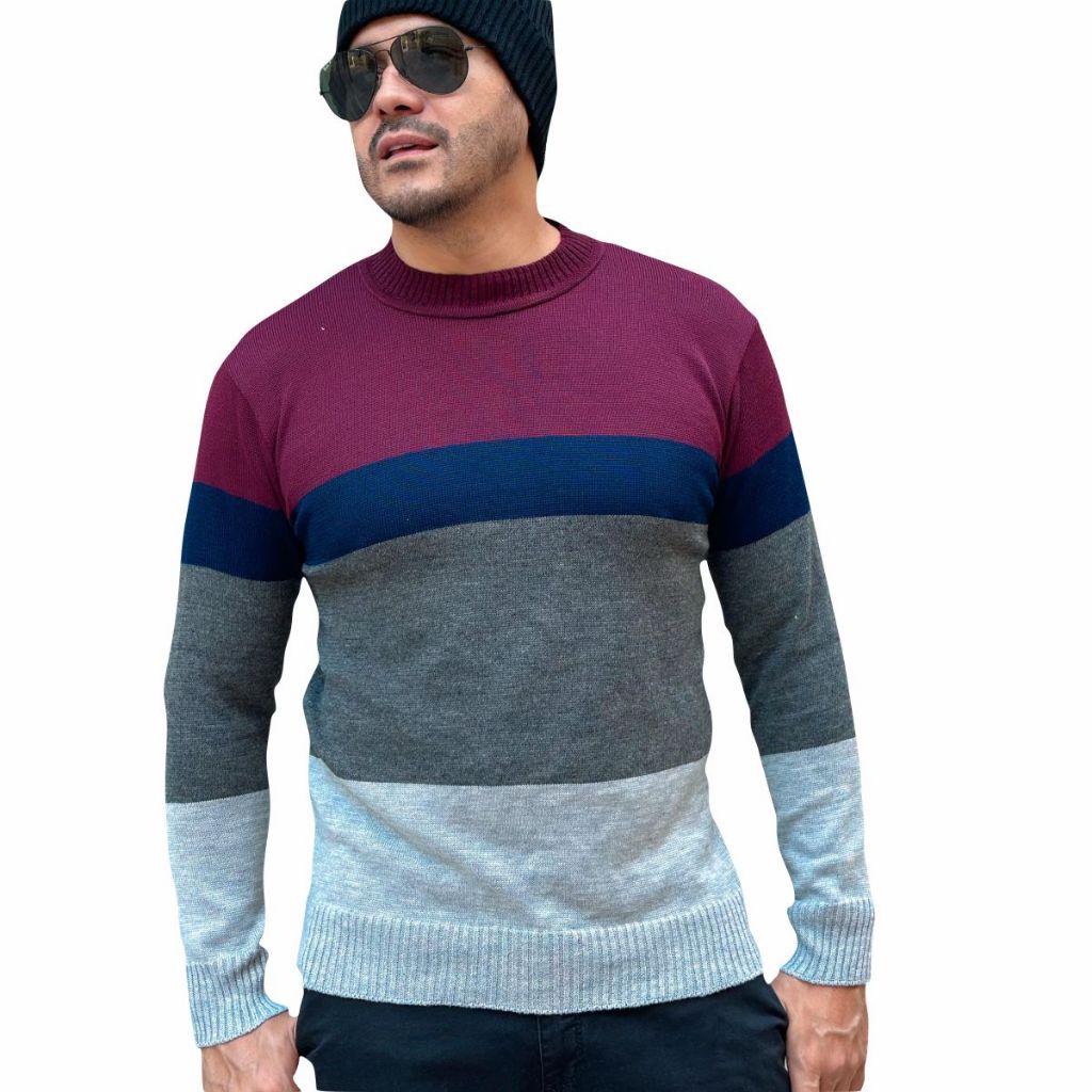 Casaco Tricô Masculino Suéter Listrado Outono Inverno Gola Careca