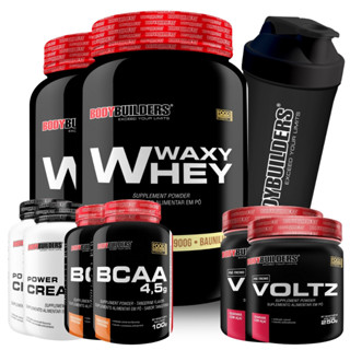 2x Whey Protein 900g + 2x Bcaa 4,5 100g + 2x Creatina 100g + 2x Pré Treino Voltz 250g + Coqueteleira - Bodybuilders