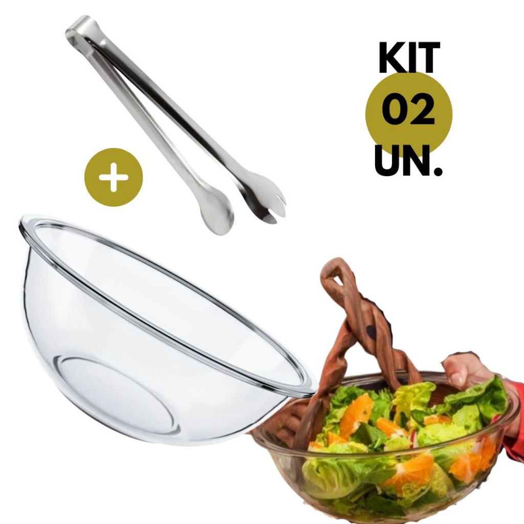 Jogo 02 Peças Saladeira Plus 2 LT Vidro + Pegador Salada Aço Inox 29CM Original Prata Multifuncional Bowl Tigela Resistente Buffet Restaurante Jogo Conjunto