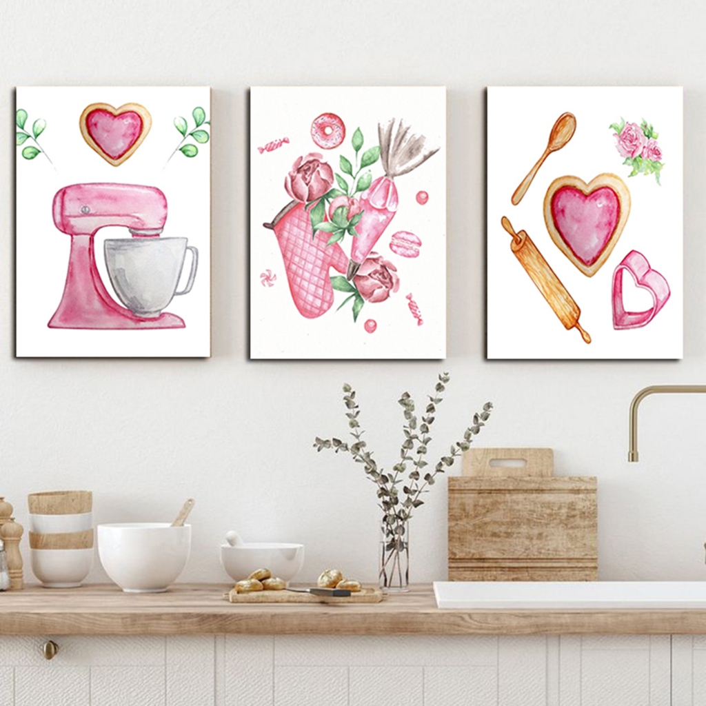 Decoração para cozinha - kit de quadros retro - Confeitaria - Boleira - tons rosa rose - 3 Placas MDF 20x30cm em Oferta na Shopee