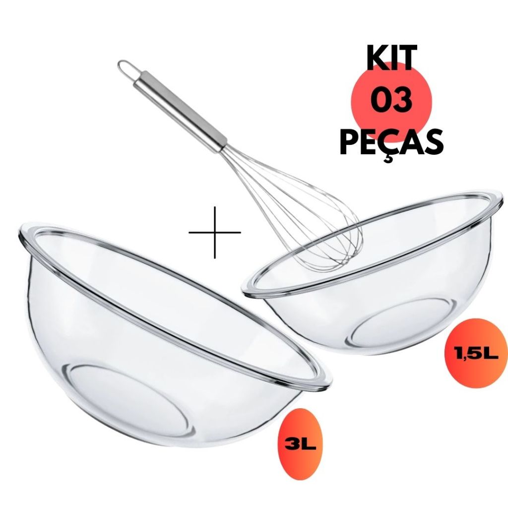 Jogo Kit 02 Tigelas 1,5+3LT Vidro Preparo + 1 Fue Inox Sobremesa Bolo Saladeira Grosso Doce Salada Bacia Travessa