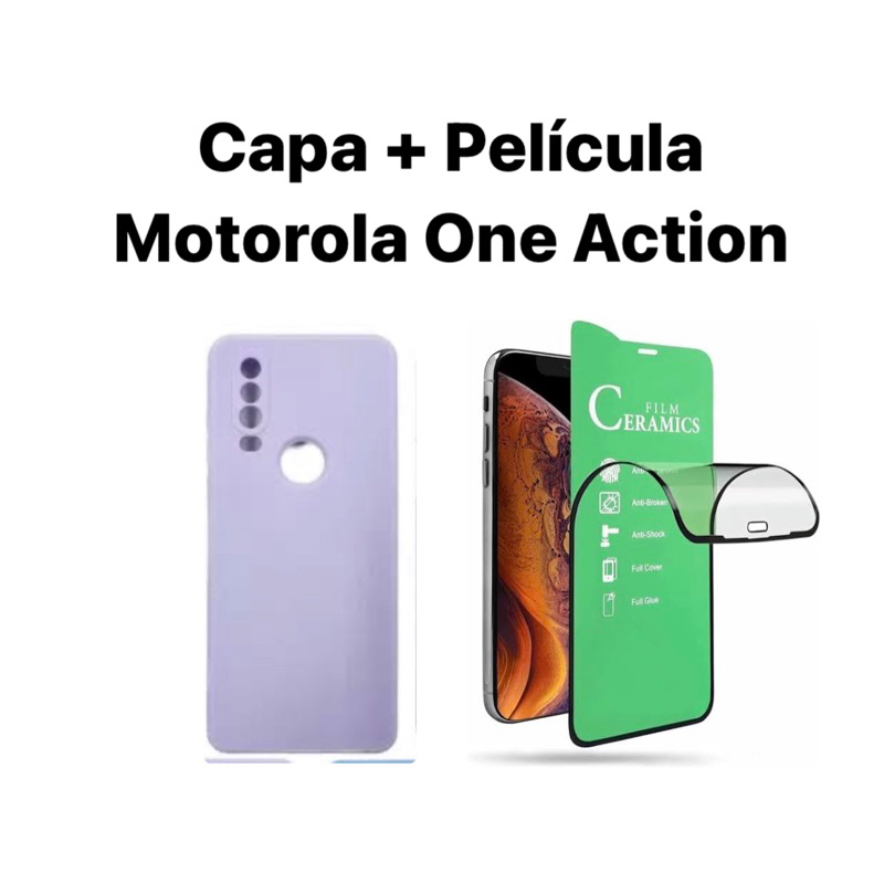 Kit 2x1 Motorola Moto One Action- Capa colorida de silicone aveludada + Película frontal cerâmica 9D