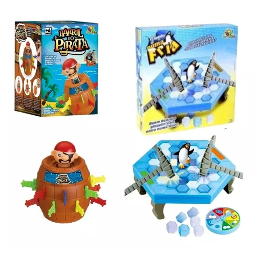 Kit Brinquedos Divertidos Pinguim Quebra Gelo + Barril do Pirata