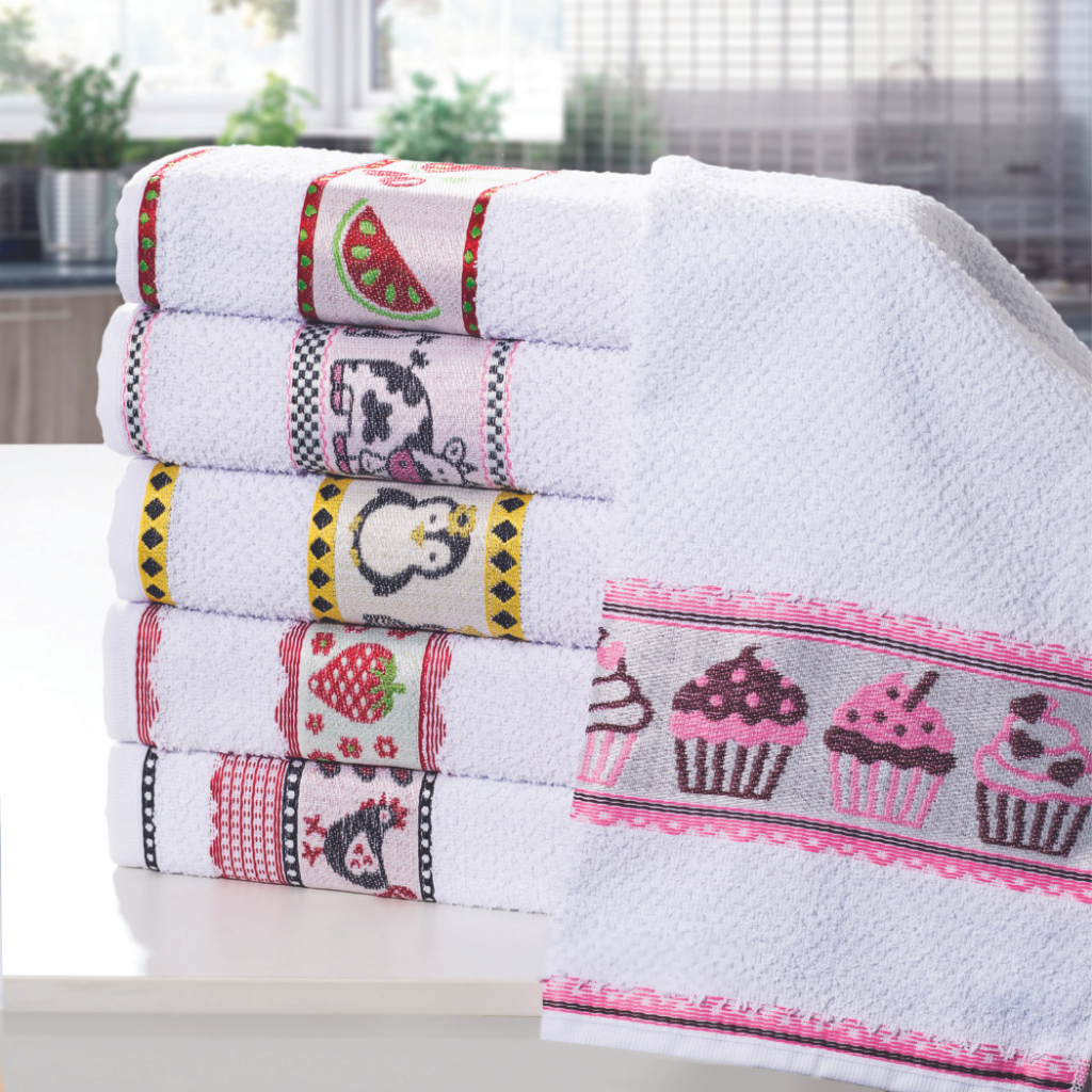 KIt 6 Panos de Prato Atoalhado Toalha de Cozinha Para Louça Branco Barra Jaquard Algodão Com Bainha Guardanapo