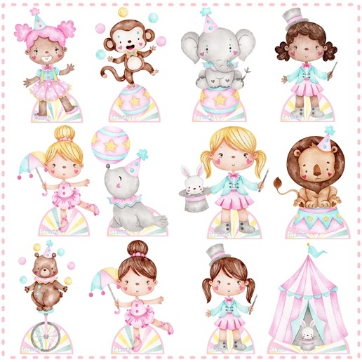 Circo Aquarelado Menina 10 Displays De Festa De 20cm Totens em Oferta na Shopee