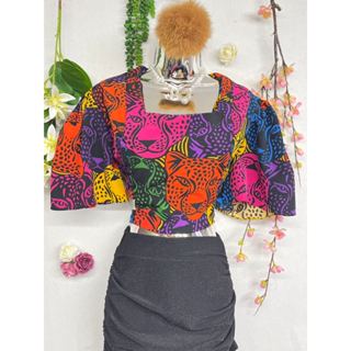 T055 Top feminino estampado de cintura baixa com decote quadrado e gravatas da mesma cor em Oferta na Shopee