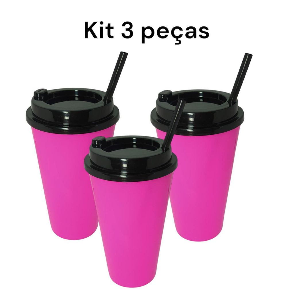 Kit 3 Copos POWER decorado com canudo 600 ml plástico livre de BPA